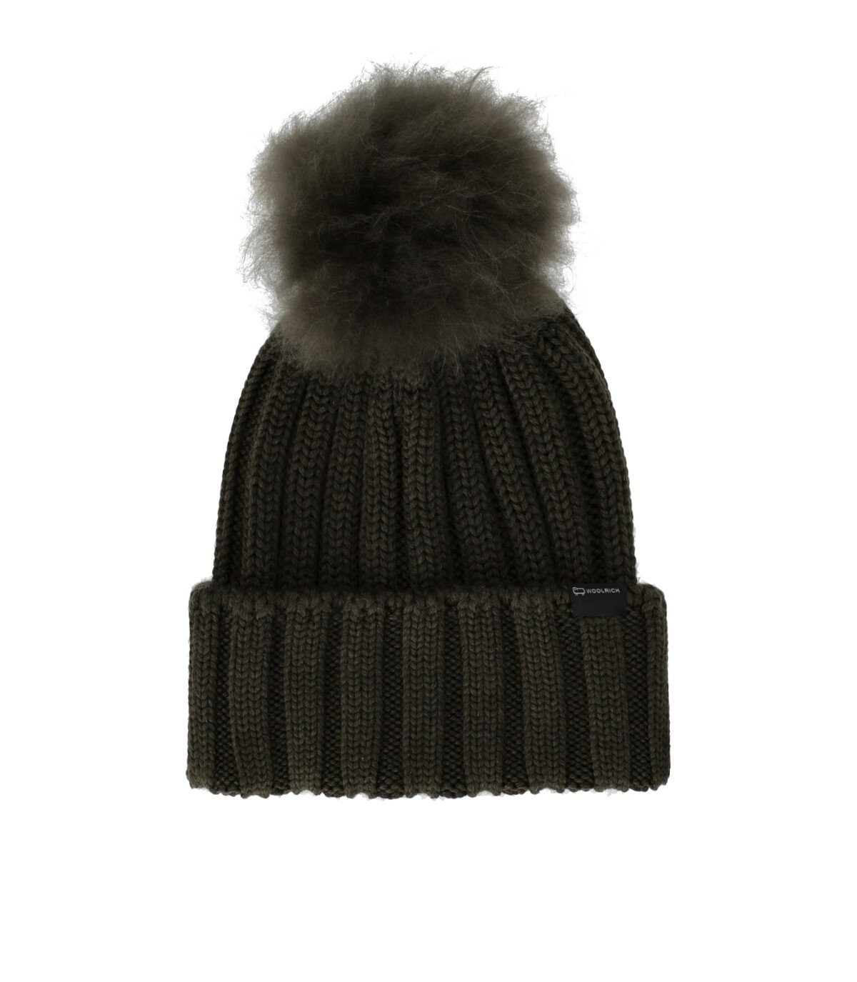 WOOLRICH MILITARY GREEN WOOL BEANIE WITH POMPOM