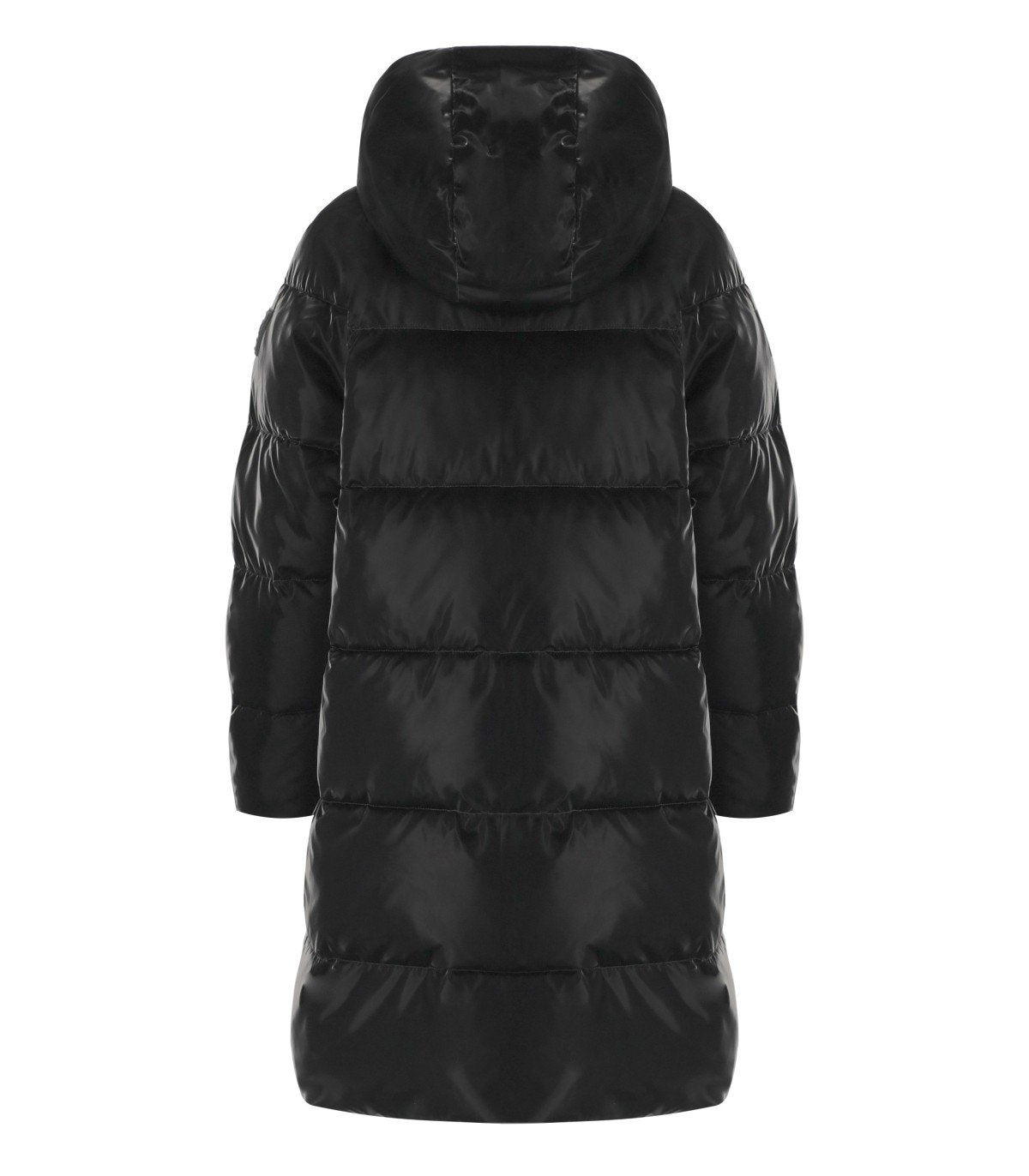 ELISABETTA FRANCHI BLACK SATIN HOODED PADDED COAT