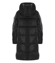 ELISABETTA FRANCHI BLACK SATIN HOODED PADDED COAT