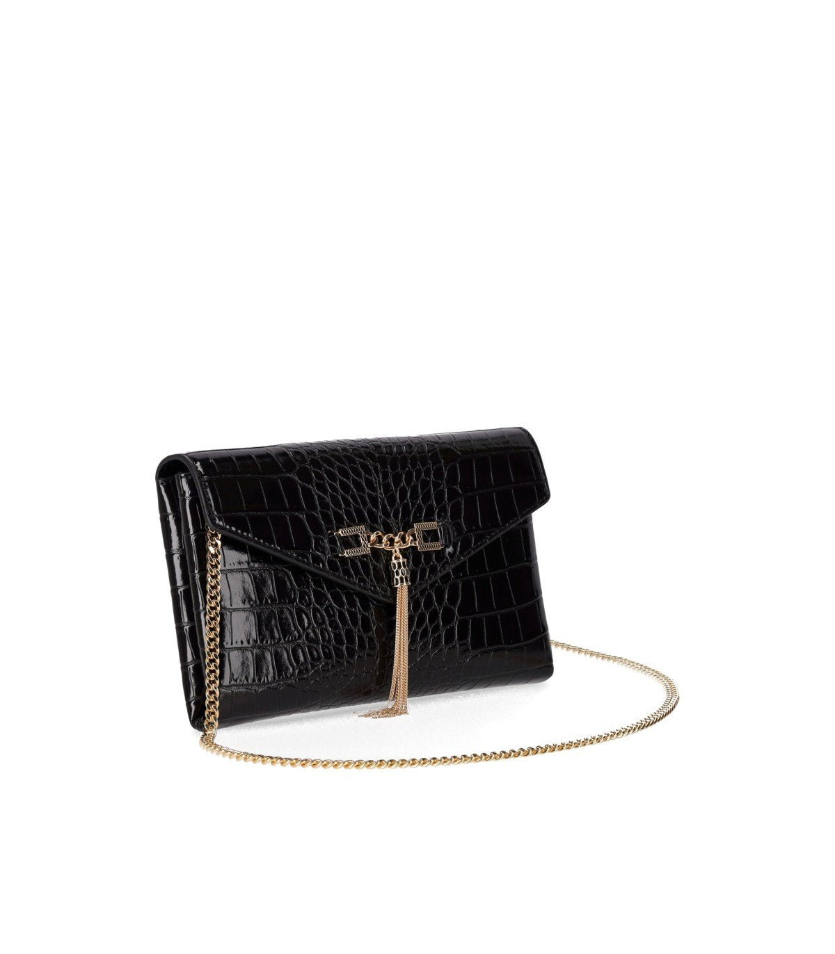 ELISABETTA FRANCHI BLACK CLUTCH WITH CROCO-PRINT AND TASSEL