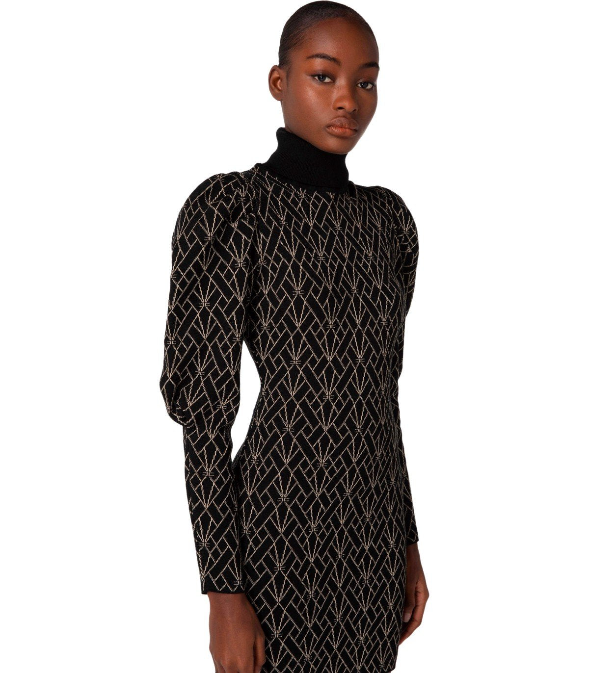 ELISABETTA FRANCHI BLACK AND GOLD MONOGRAM KNITTED DRESS