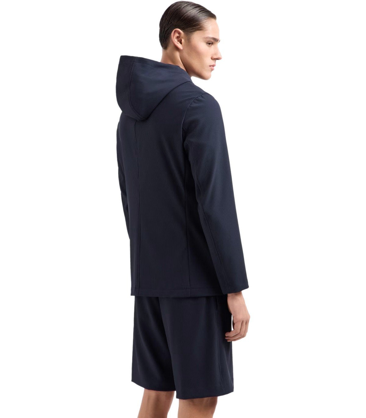 EMPORIO ARMANI MARINEBLAUE GERIPPTE EINREIHIGE KAPUZENJACKE