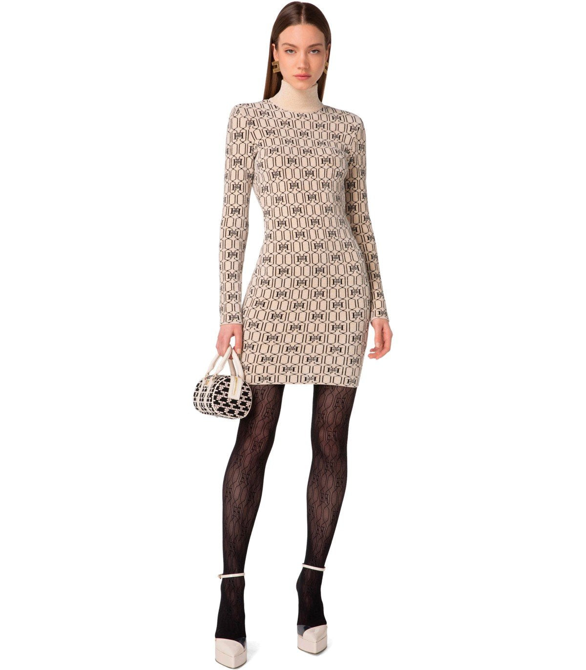 ELISABETTA FRANCHI CHAMPAGNE MONOGRAM KNITTED DRESS