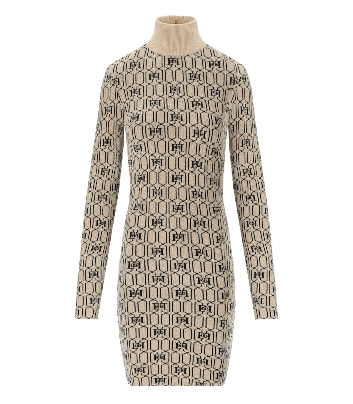ELISABETTA FRANCHI CHAMPAGNE MONOGRAM KNITTED DRESS