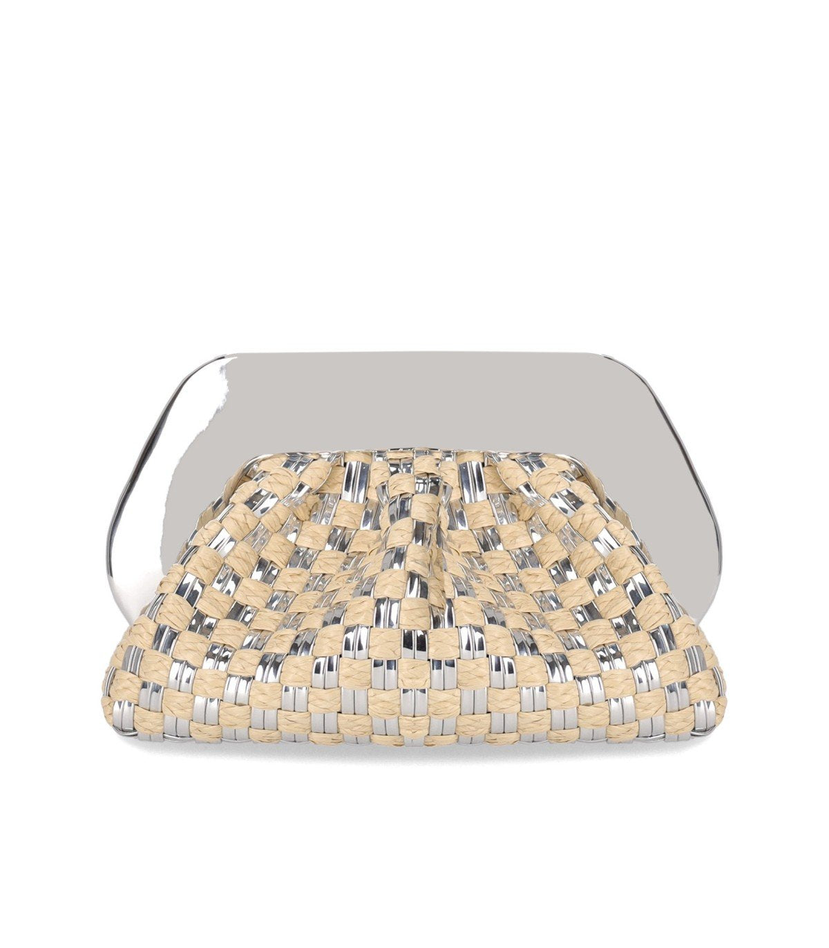 THEMOIRè TIA MICRO WEAVED STRAW LAMINATED SILVER CLUTCH BAG