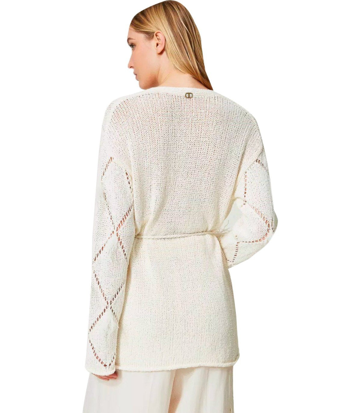 TWINSET OFF-WHITE CARDIGAN WITH FEATHERS