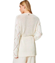TWINSET OFF-WHITE CARDIGAN WITH FEATHERS