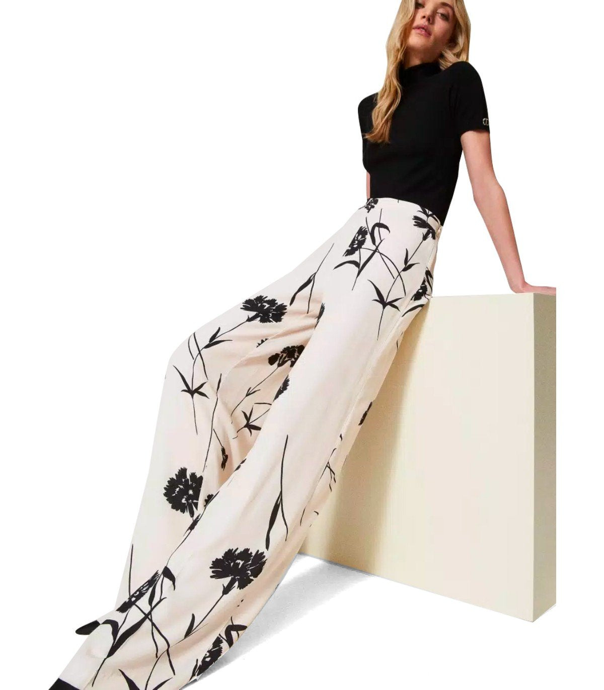 TWINSET CREAM FLORAL WIDE LEG PANTS