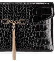 ELISABETTA FRANCHI BLACK CLUTCH WITH CROCO-PRINT AND TASSEL