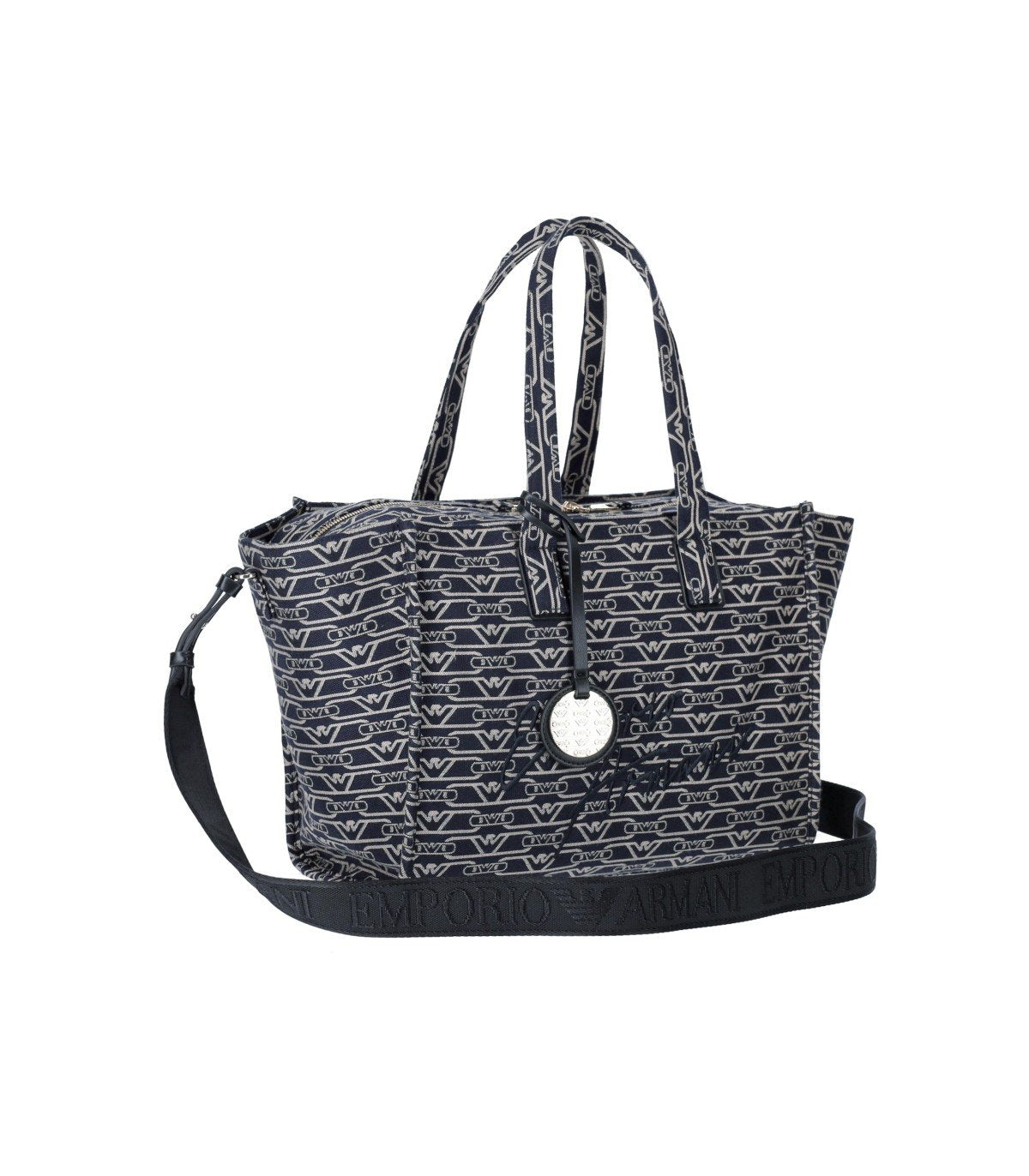 EMPORIO ARMANI MONOGRAM BLUE ÉCRU MEDIUM SHOPPING BAG