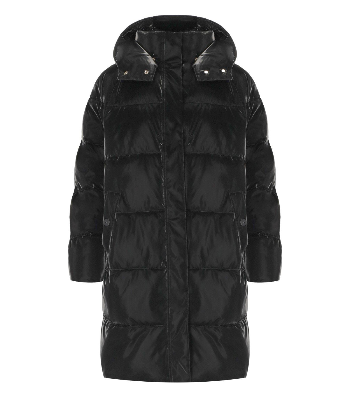 ELISABETTA FRANCHI BLACK SATIN HOODED PADDED COAT