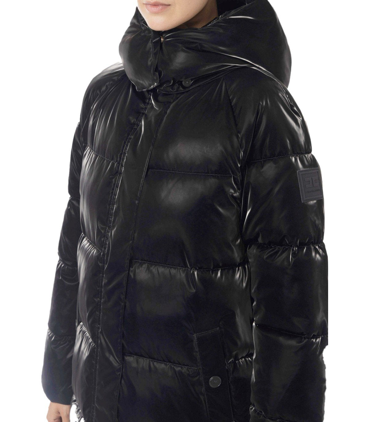 ELISABETTA FRANCHI BLACK SATIN HOODED PADDED COAT