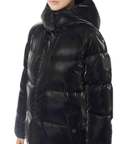 ELISABETTA FRANCHI BLACK SATIN HOODED PADDED COAT