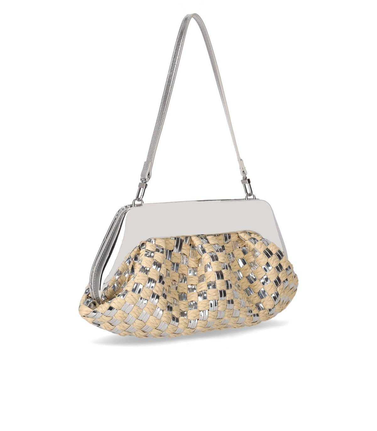 THEMOIRè EMERA MICRO WEAVED STRAW LAMINATED SILVER CLUTCH BAG