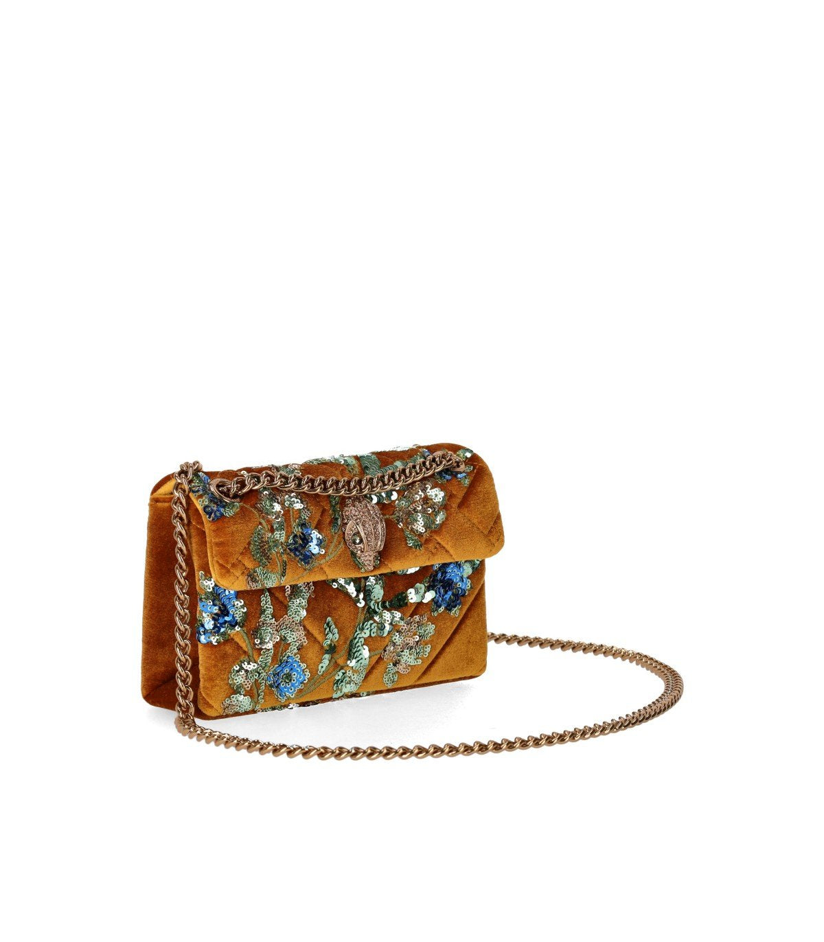 KURT GEIGER VELVET MINI KENSINGTON MUSTARD CROSSBODY BAG