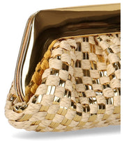 THEMOIRè EMERA MICRO WEAVED STRAW LAMINATED GOLD CLUTCH BAG