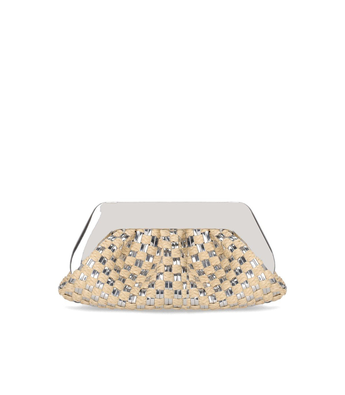 THEMOIRè EMERA MICRO WEAVED STRAW LAMINATED SILVER CLUTCH BAG