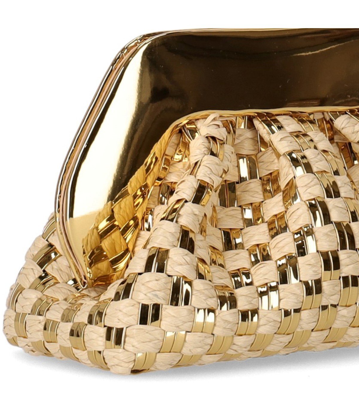 THEMOIRè TIA MICRO WEAVED STRAW LAMINATED GOLD CLUTCH BAG