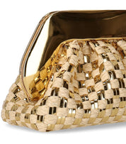 THEMOIRè TIA MICRO WEAVED STRAW LAMINATED GOLD CLUTCH BAG