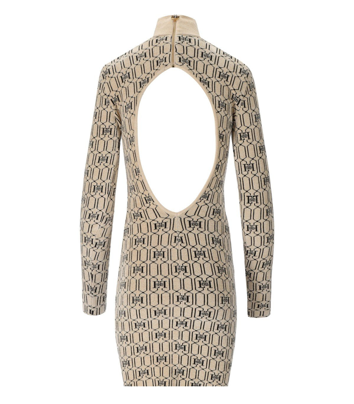 ELISABETTA FRANCHI CHAMPAGNE MONOGRAM KNITTED DRESS