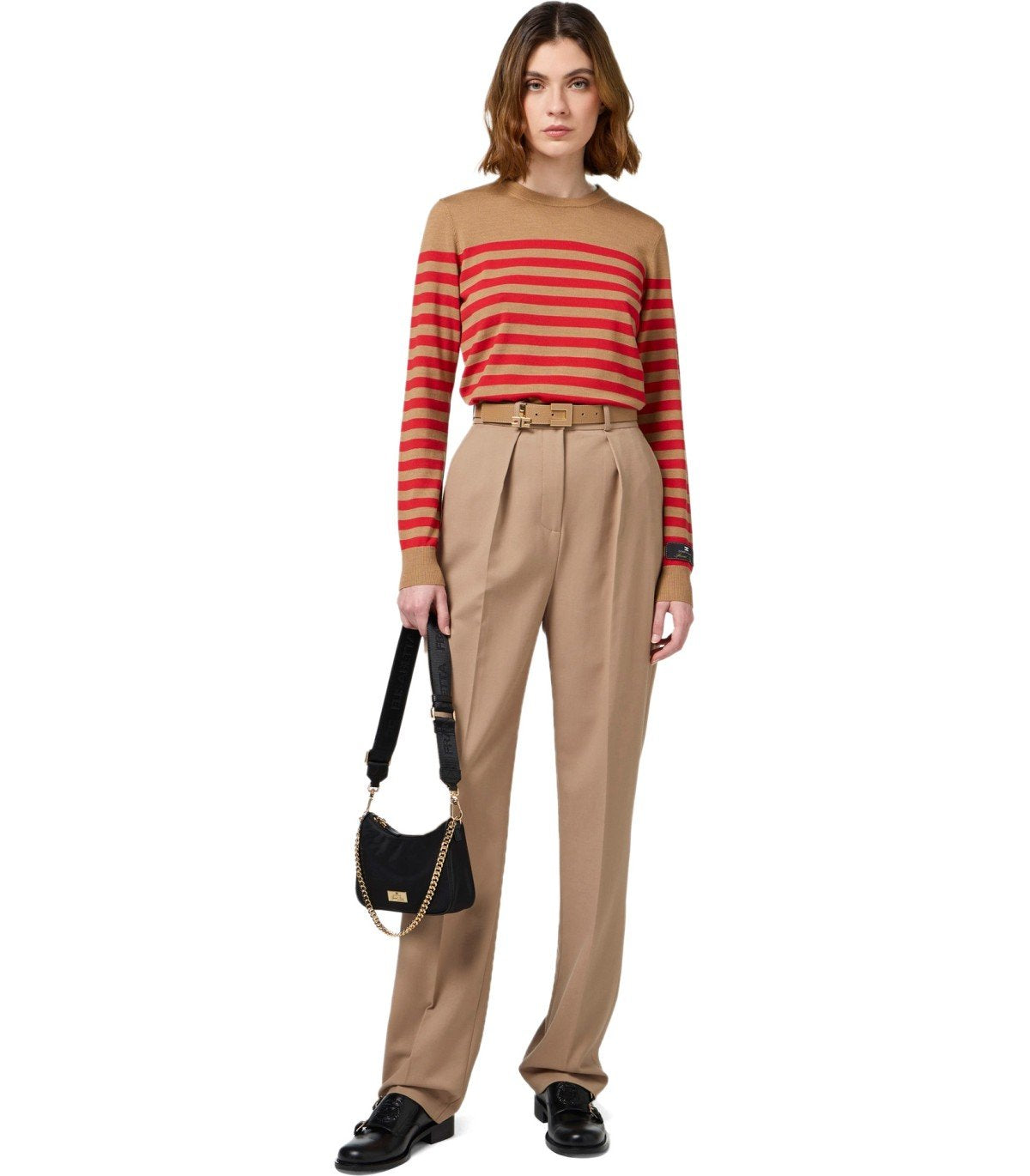 ELISABETTA FRANCHI CAMEL/RED PASSION STRIPED SWEATER