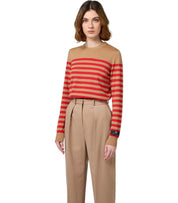 ELISABETTA FRANCHI CAMEL/RED PASSION STRIPED SWEATER