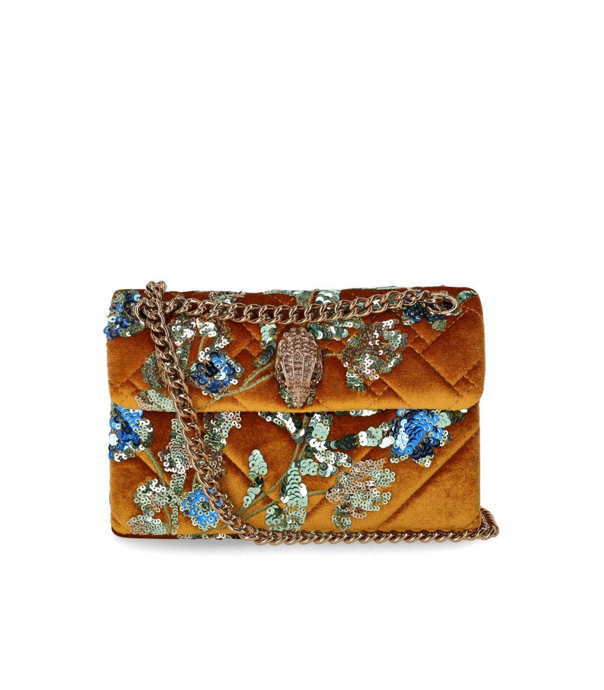 KURT GEIGER VELVET MINI KENSINGTON MUSTARD CROSSBODY BAG