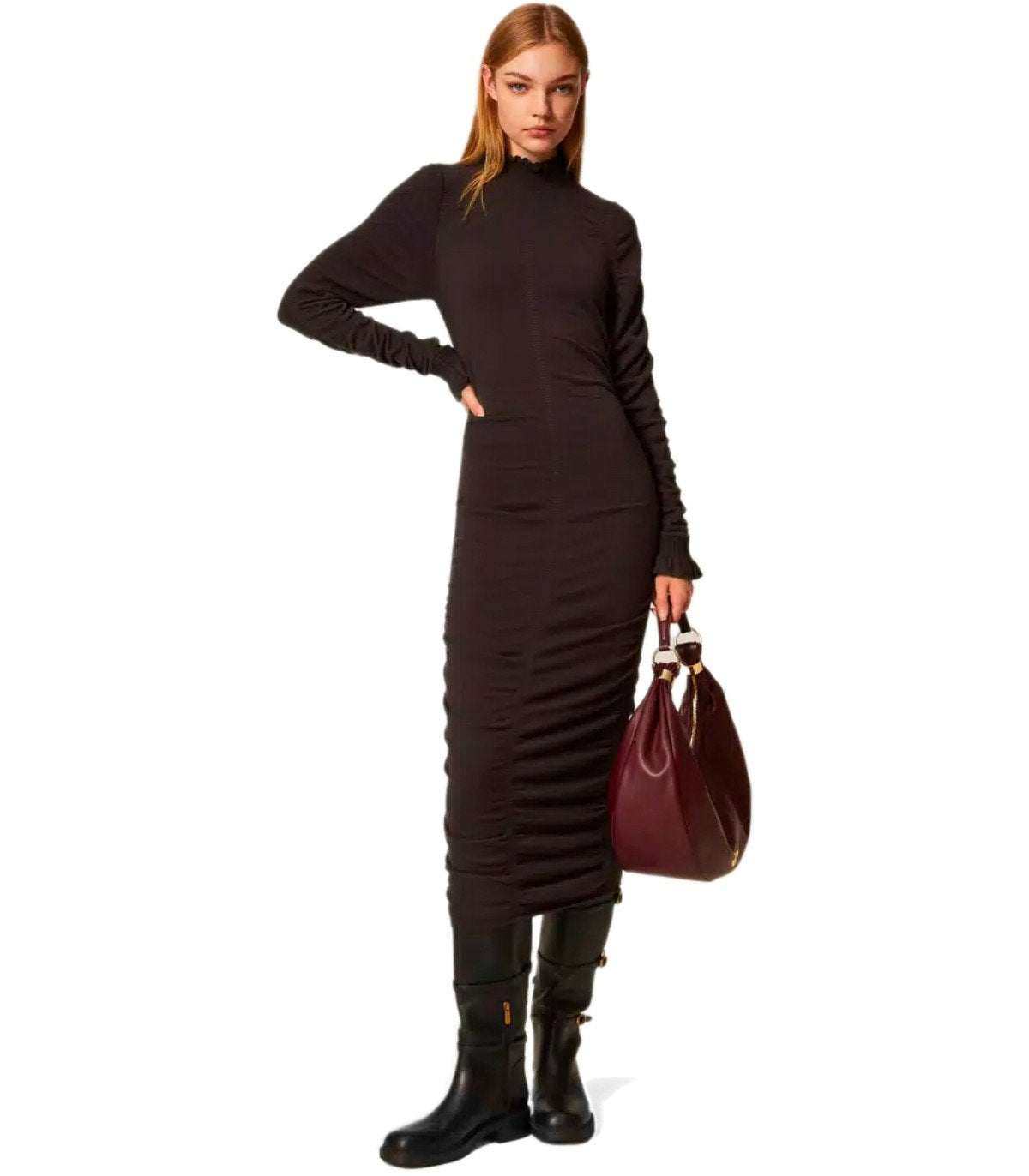 TWINSET CHOCOLATE KNITTED MIDI DRESS