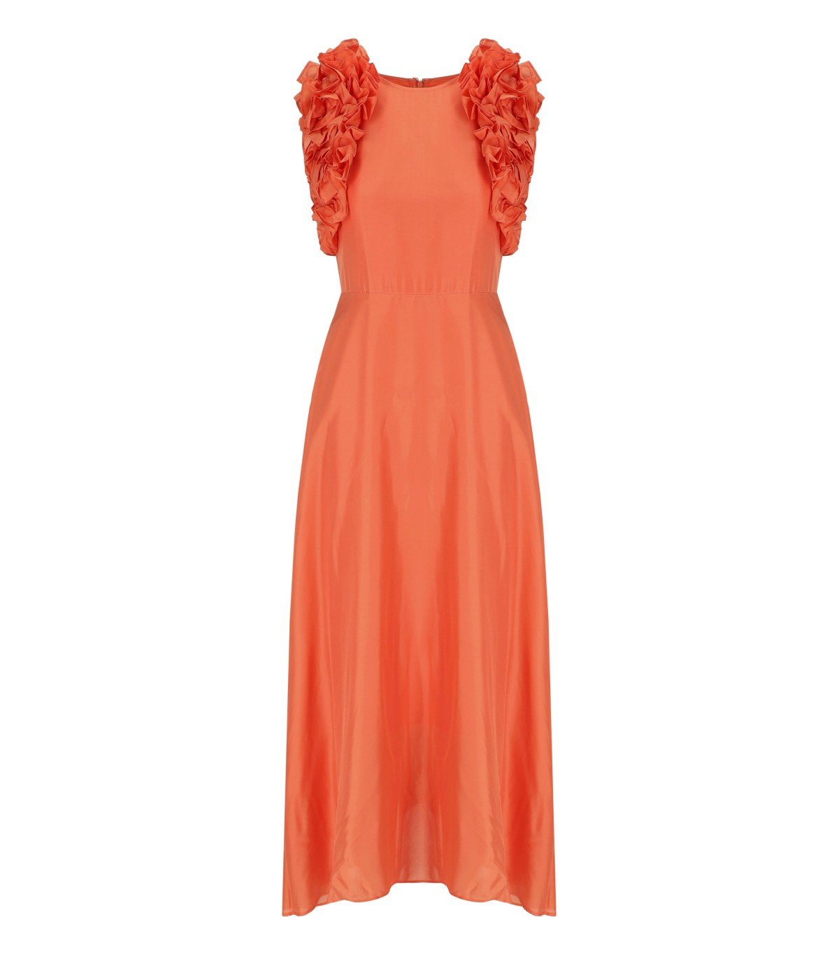 essentiel antwerp orange dress Orange midi dress with ruffle details