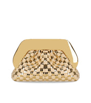 THEMOIRè TIA MICRO WEAVED STRAW LAMINATED GOLD CLUTCH BAG