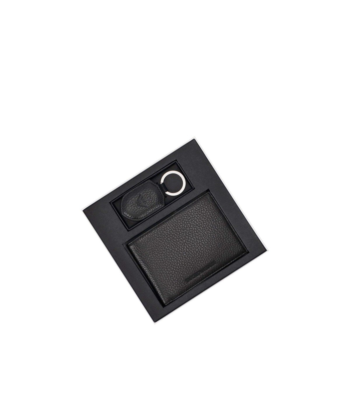 EMPORIO ARMANI BLACK LEATHER WALLET+KEYCHAIN SET