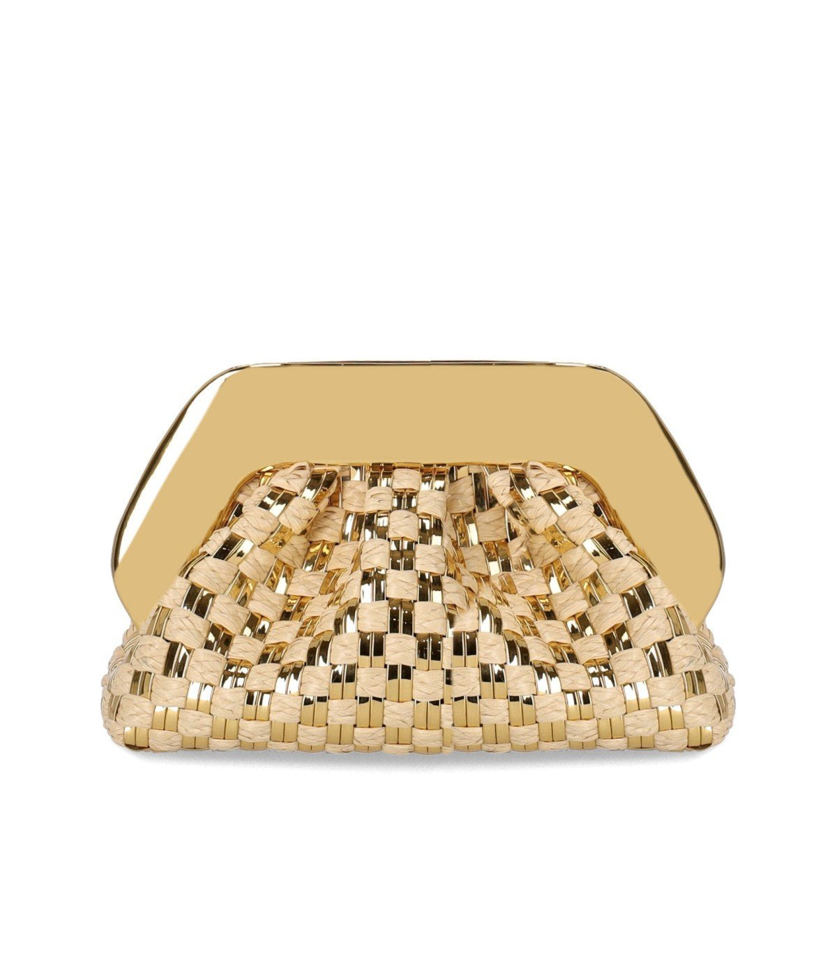 THEMOIRè TIA MICRO WEAVED STRAW LAMINATED GOLD CLUTCH BAG