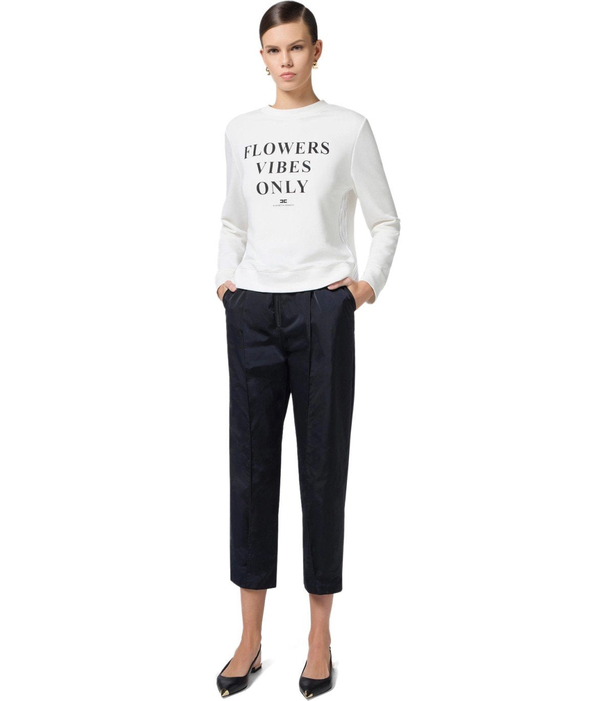 ELISABETTA FRANCHI IVORY SWEATSHIRT WITH LOGO LETTERING