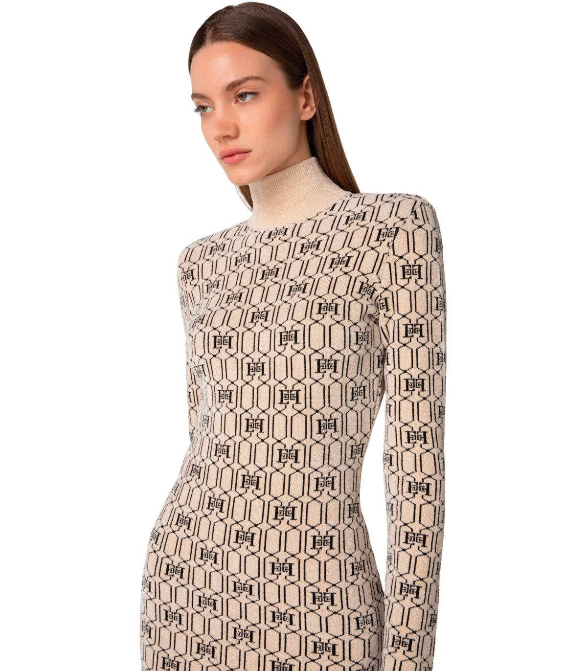 ELISABETTA FRANCHI CHAMPAGNE MONOGRAM KNITTED DRESS