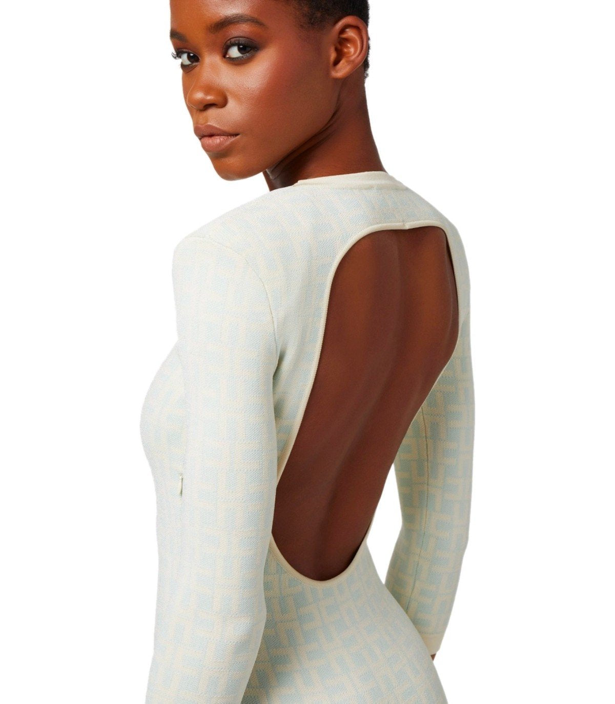 ELISABETTA FRANCHI BUTTER ACQUA MONOGRAMM-STRICKKLEID