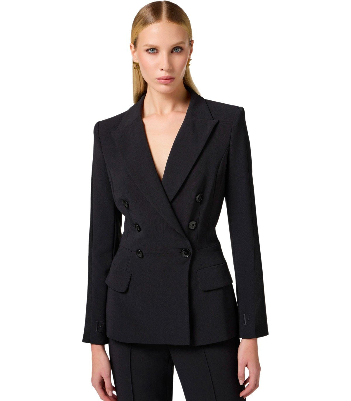 ELISABETTA FRANCHI BLACK CREPE DOUBLE-BREASTED JACKET