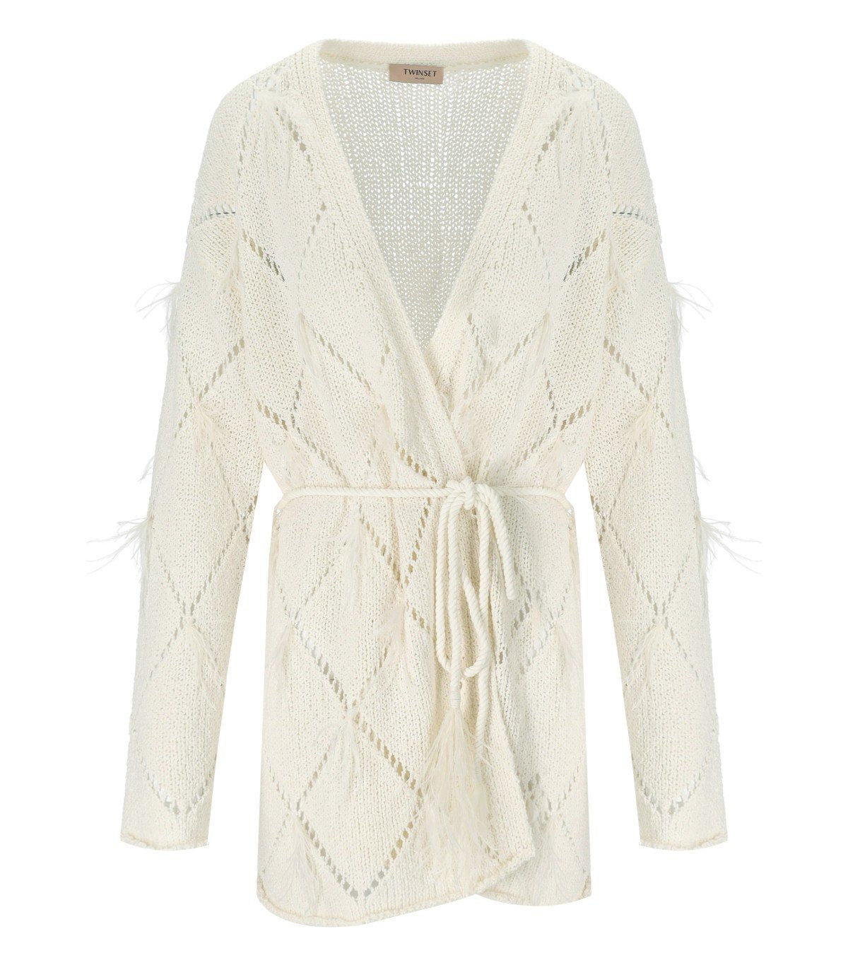 TWINSET OFF-WHITE CARDIGAN WITH FEATHERS