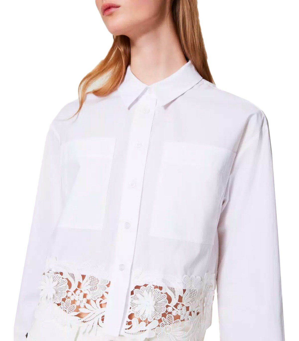 TWINSET WHITE CROPPED SHIRT WITH LACE