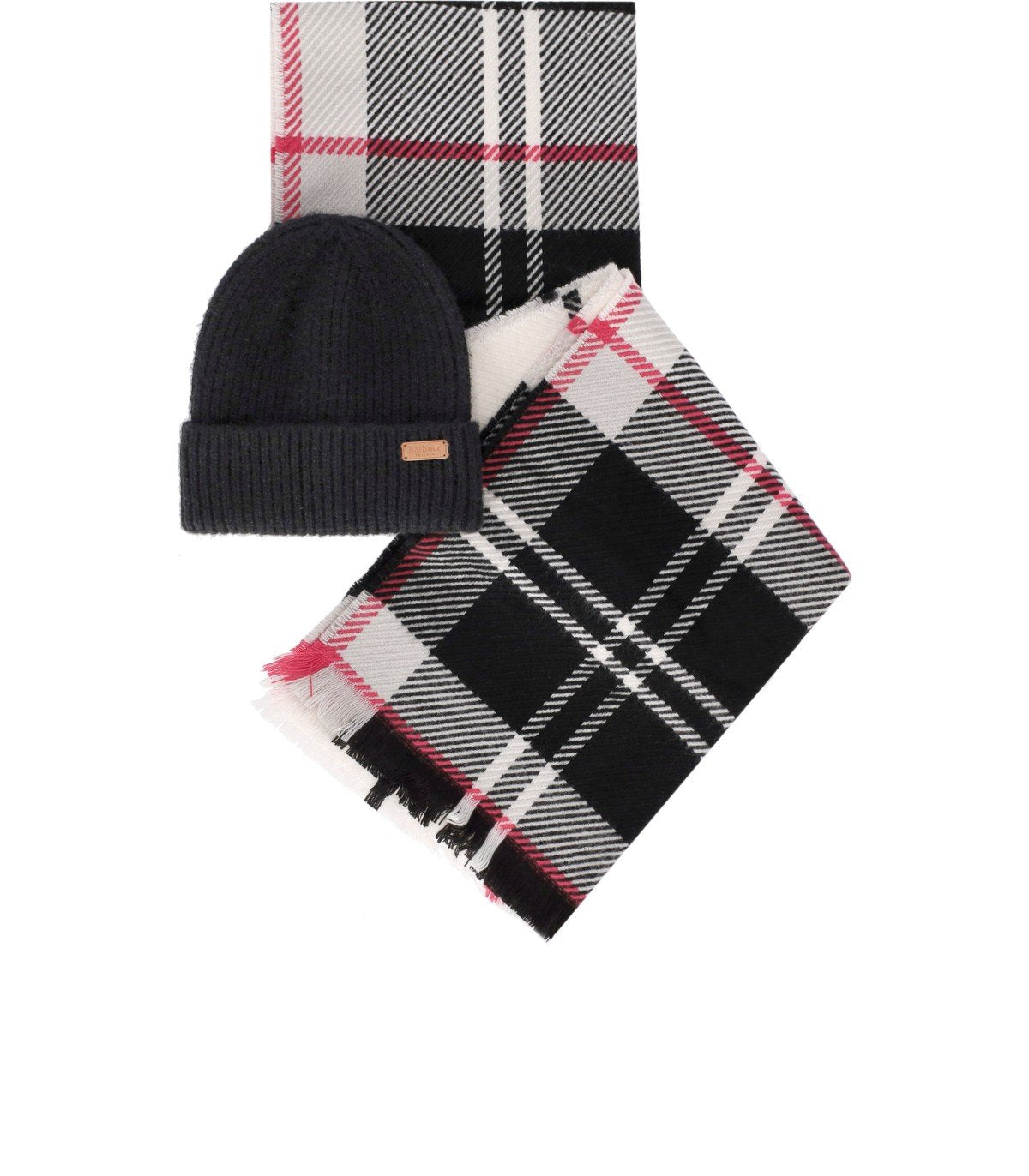 BARBOUR HOT PINK MONOCHROME PENDLE BEANIE + BLAIR SCARF SET