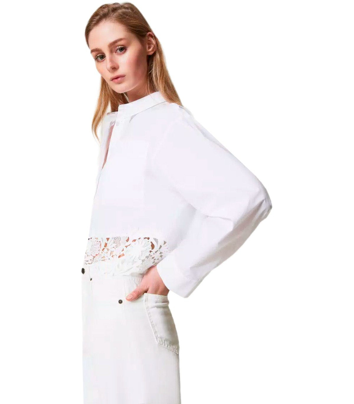 TWINSET WHITE CROPPED SHIRT WITH LACE