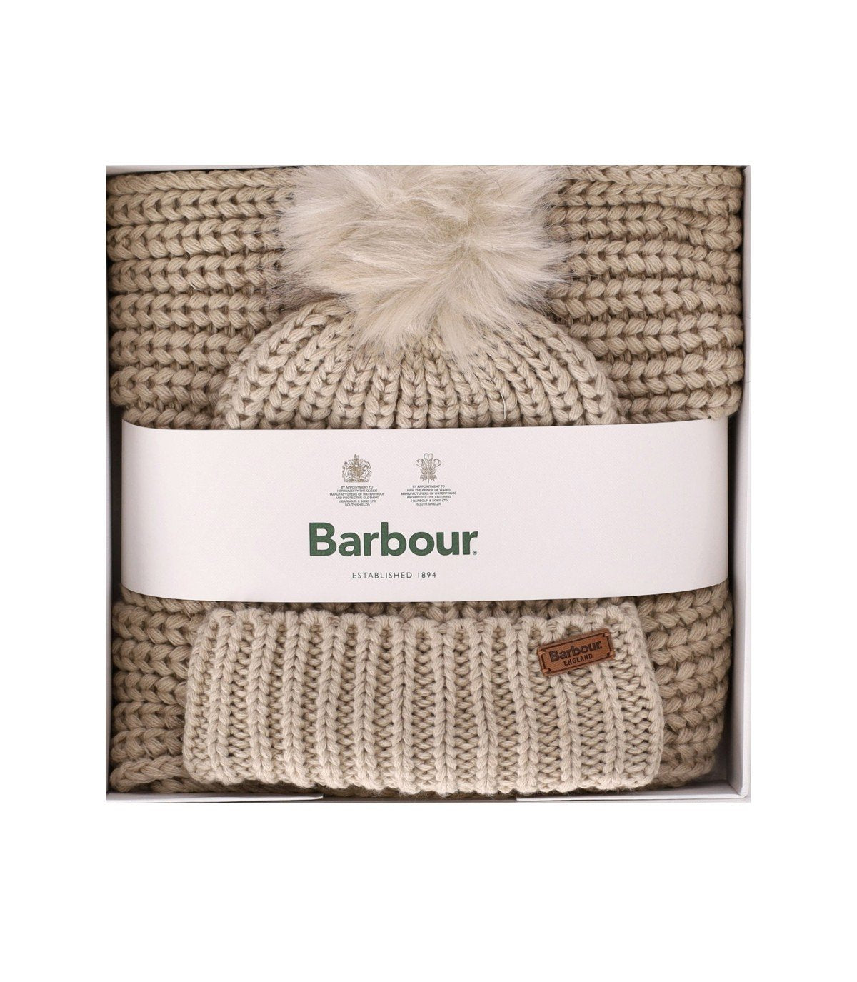 BARBOUR SALTBURN BEIGE BEANIE + SCARF SET