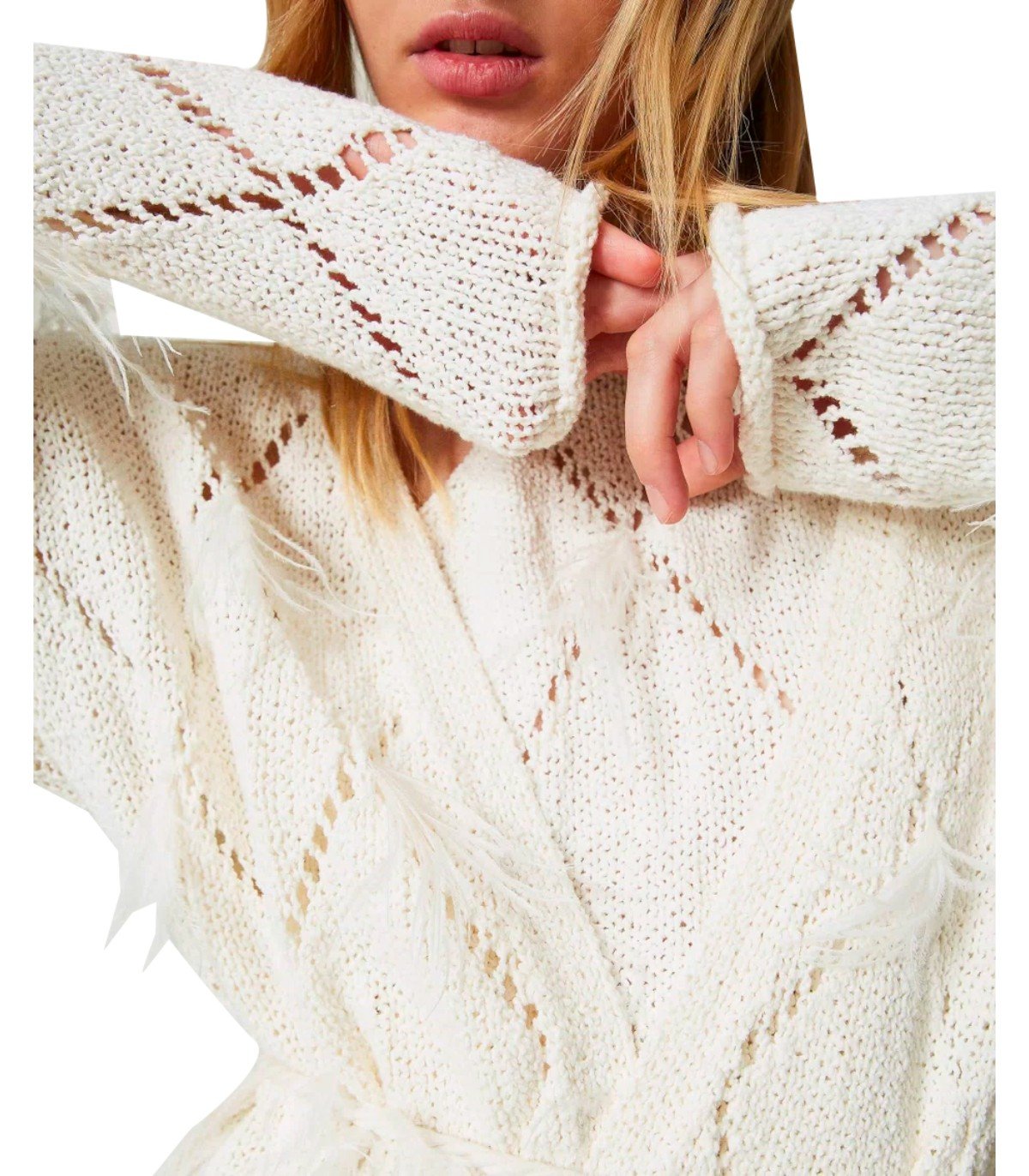 TWINSET OFF-WHITE CARDIGAN WITH FEATHERS