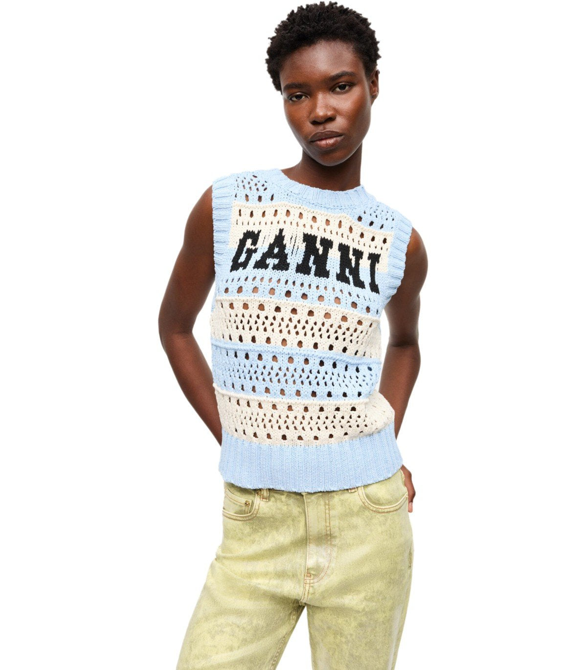 GANNI LIGHT BLUE STRIPED KNITTED VEST