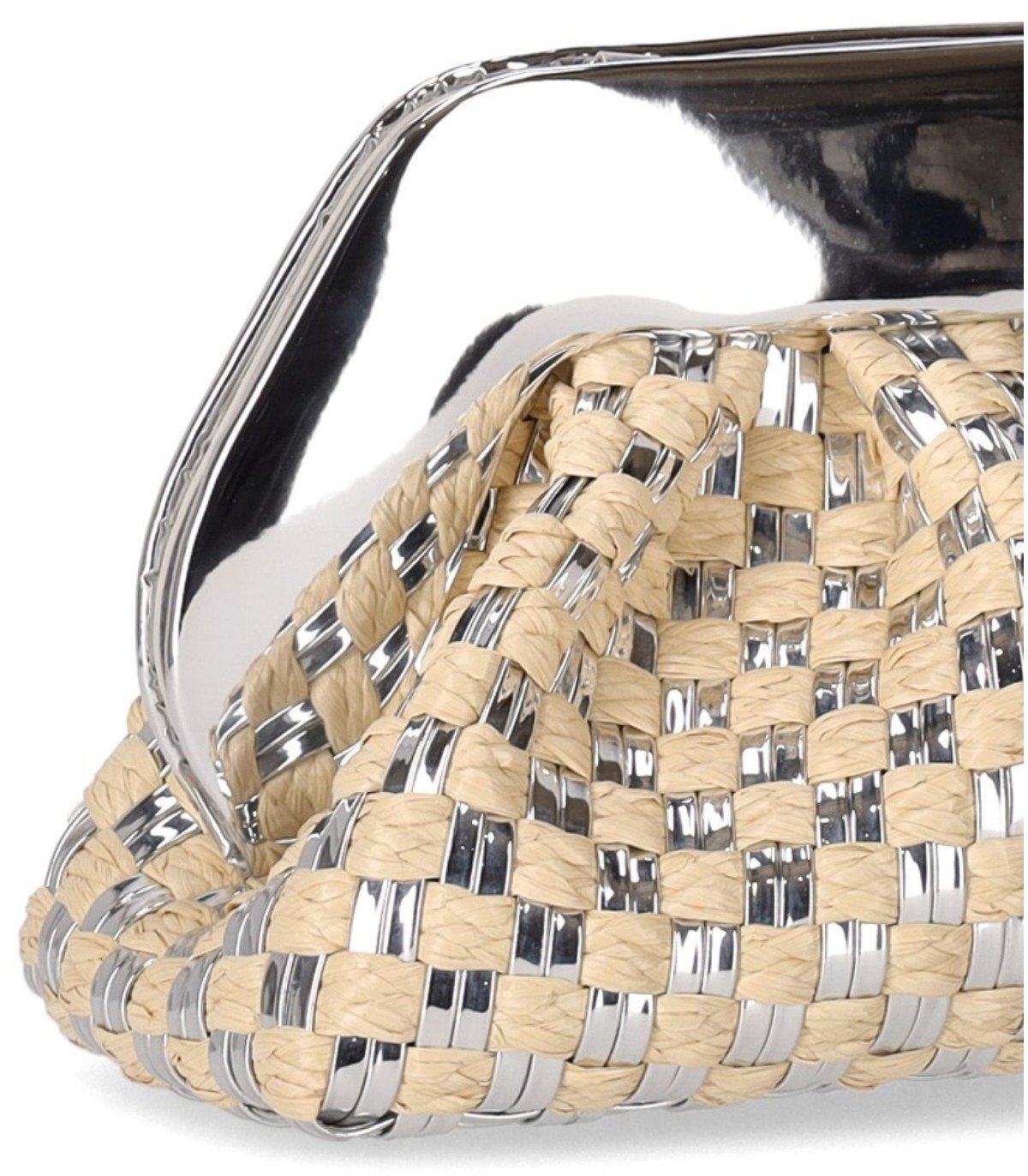 THEMOIRè TIA MICRO WEAVED STRAW LAMINATED SILVER CLUTCH BAG