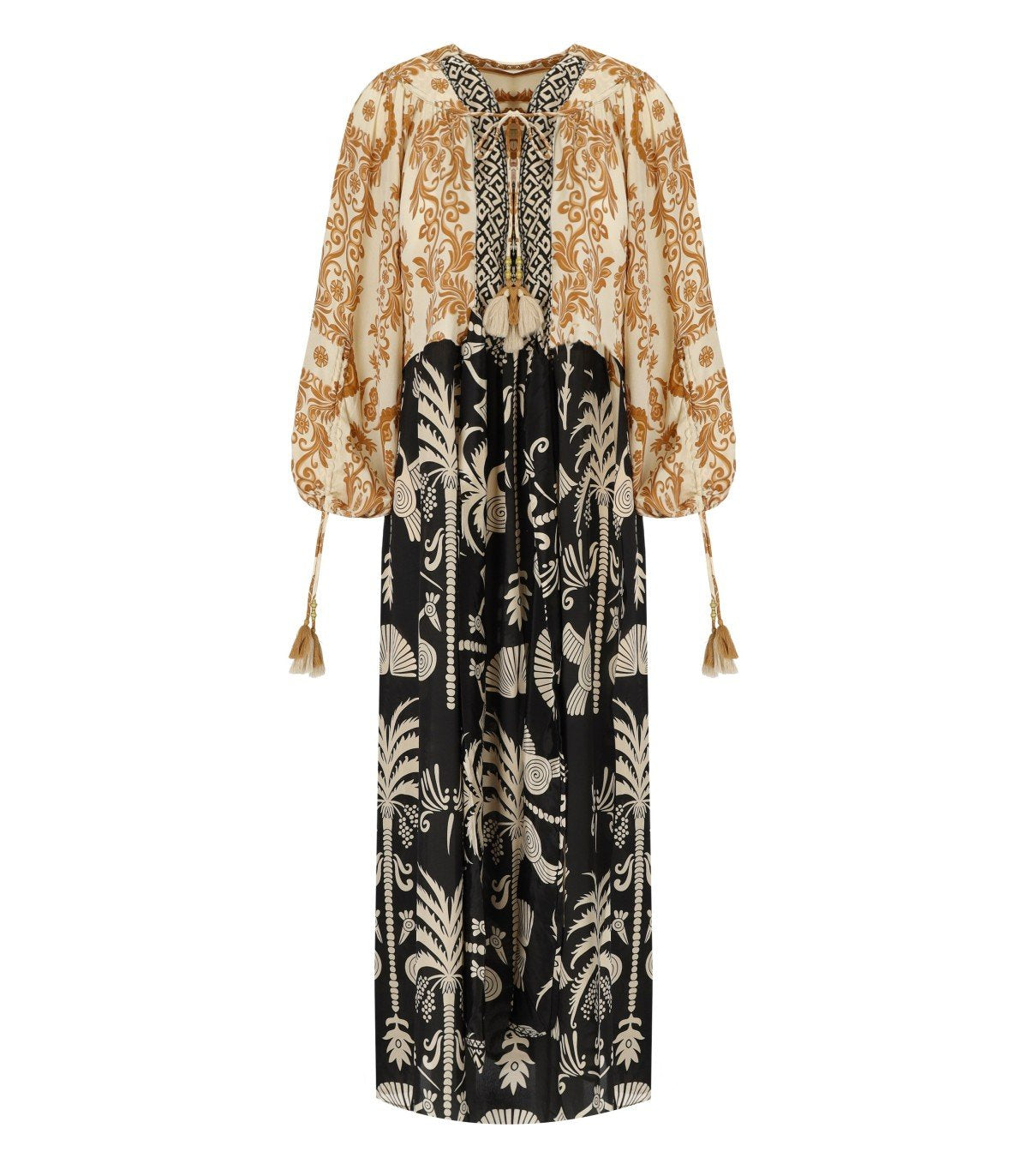 PAHIESA FORMENTERA SCHWARZ UND GOLD LANGES KLEID