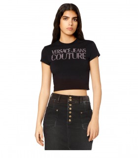 VERSACE JEANS COUTURE LOGO GLITTER BLACK CROPPED T-SHIRT