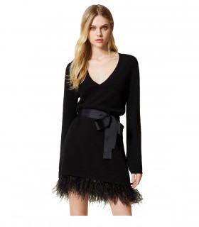 TWINSET BLACK KNITTED DRESS WITH FEATHERS