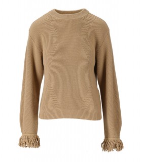 TWINSET BEIGE CREWNECK SWEATER WITH FRINGES
