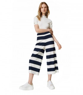 TWINSET WHITE AND BLUE CROPPED STRIPED TROUSERS