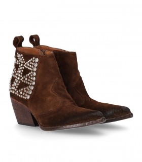 ELENA IACHI VELOUR BROWN TEXAN ANKLE BOOT WITH STUDS